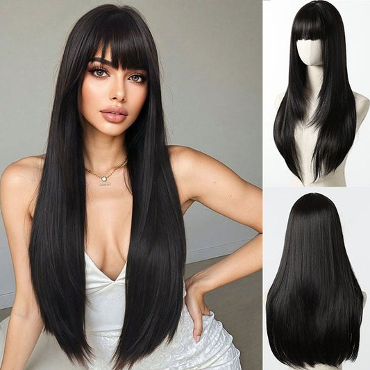 Classic Black Long Straight Wig with Fringe